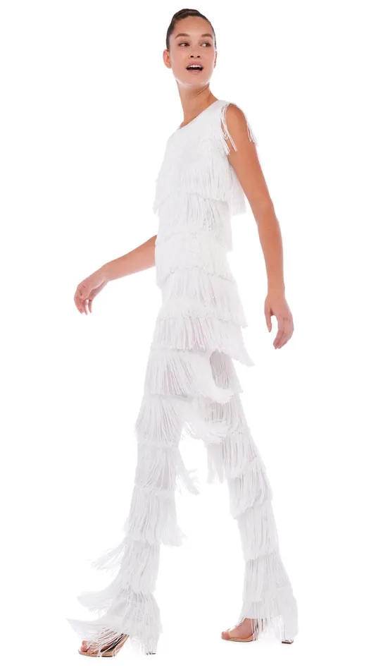 Norma Kamali Tops SLEEVELESS FRINGE TEE Snow White 8211 Clothing