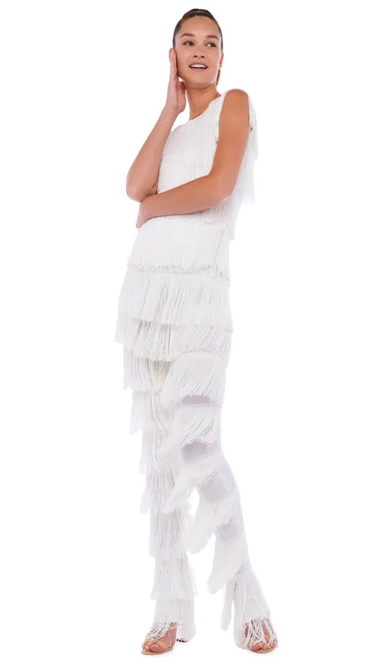 Norma Kamali Tops SLEEVELESS FRINGE TEE Snow White 8211 Clothing