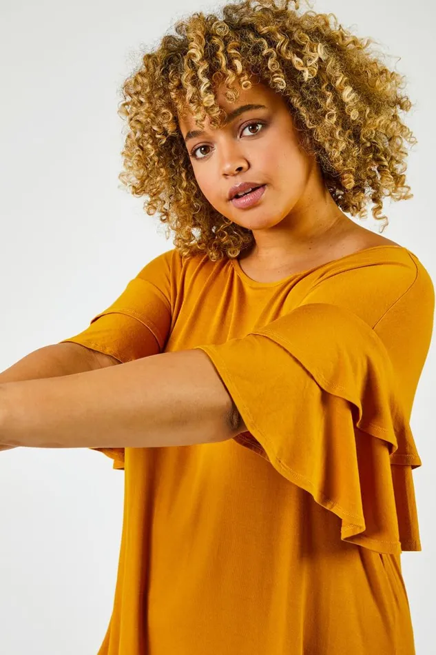 Ochre Curve Plain Frill Sleeve Detail Tee Women Roman Tops
