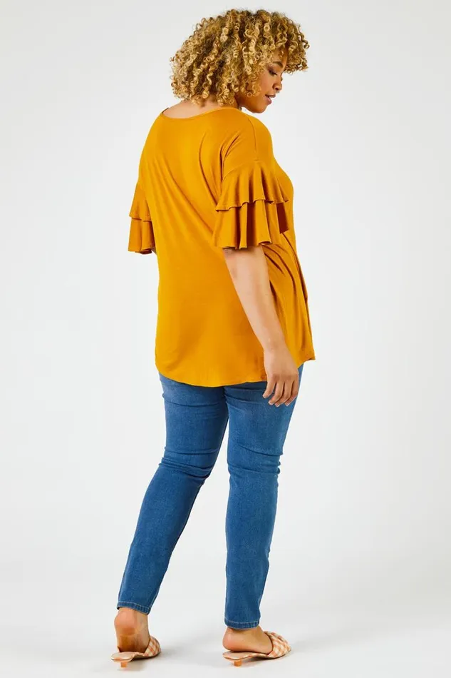 Ochre Curve Plain Frill Sleeve Detail Tee Women Roman Tops