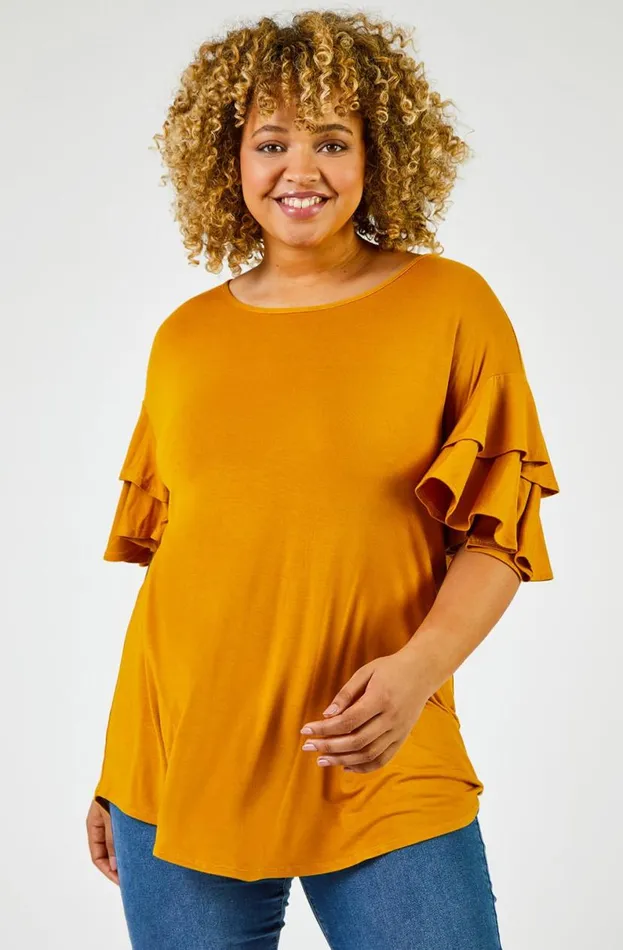 Ochre Curve Plain Frill Sleeve Detail Tee Women Roman Tops
