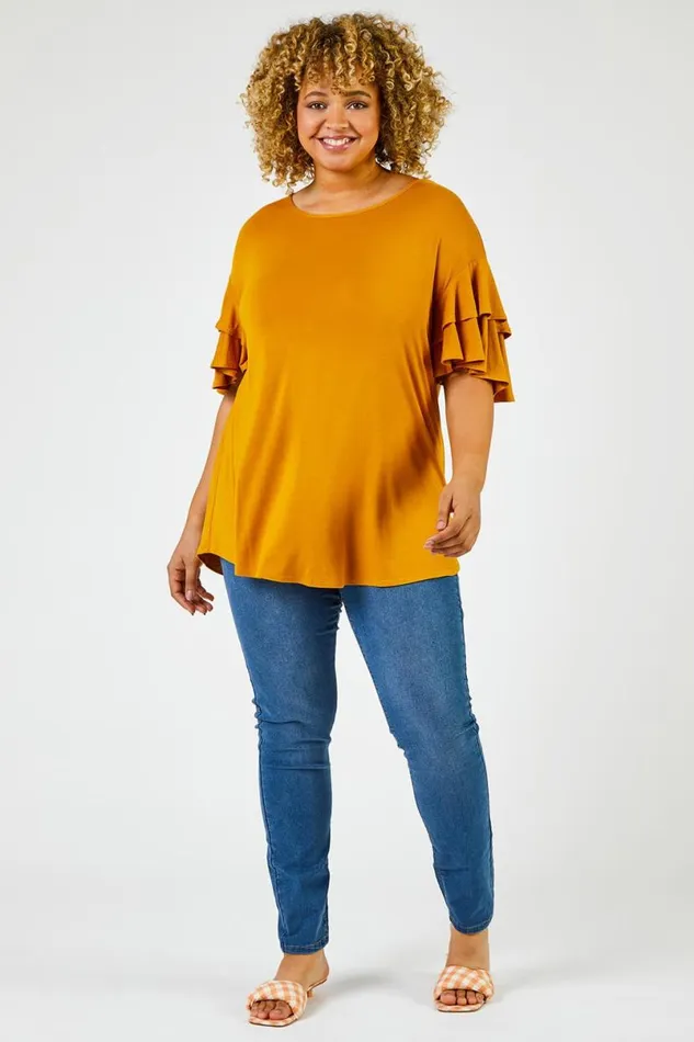 Ochre Curve Plain Frill Sleeve Detail Tee Women Roman Tops