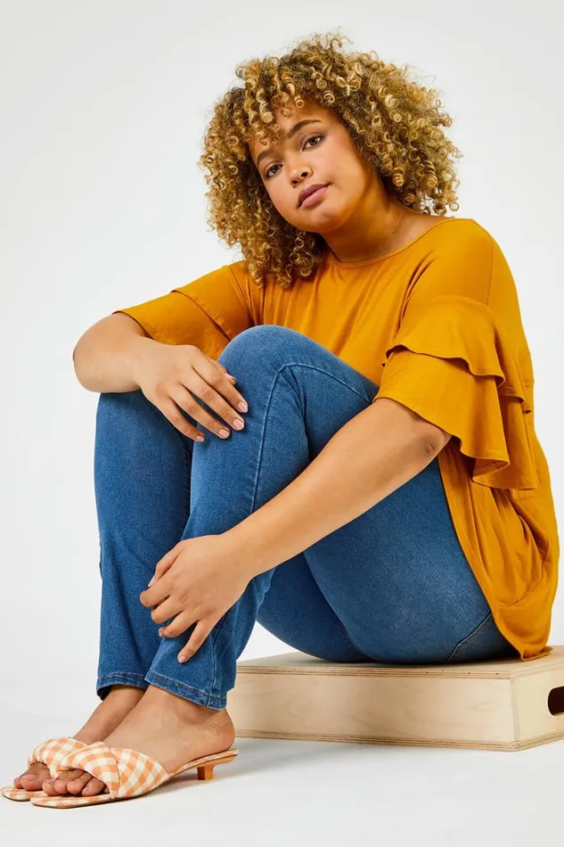 Ochre Curve Plain Frill Sleeve Detail Tee Women Roman Tops