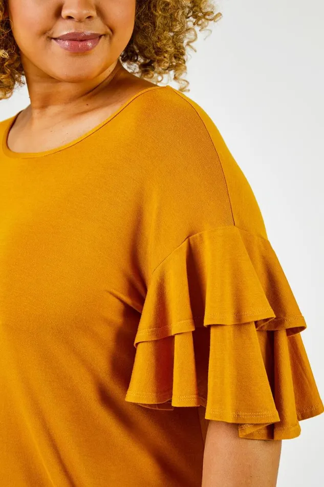 Ochre Curve Plain Frill Sleeve Detail Tee Women Roman Tops