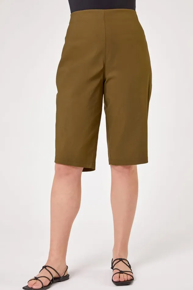 Olive Curve Knee Length Elastic Waist Stretch Shorts Women Roman Coords