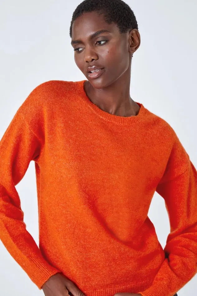 Orange Crew Neck Stretch Jumper Women Roman Knitwear