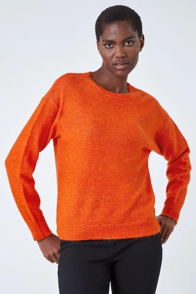 Orange Crew Neck Stretch Jumper Women Roman Knitwear