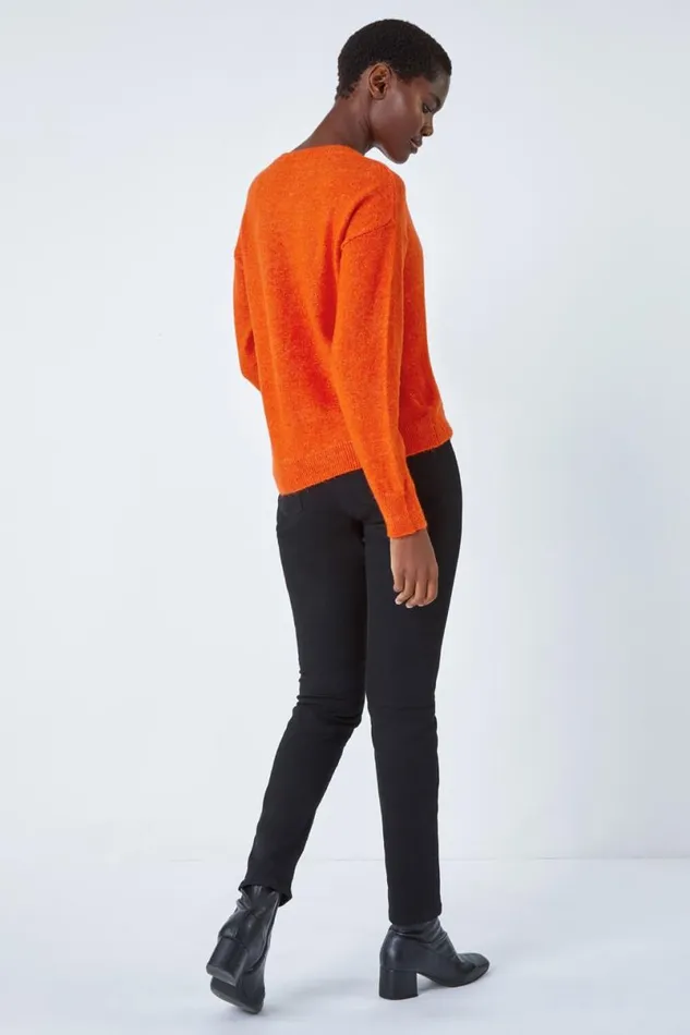 Orange Crew Neck Stretch Jumper Women Roman Knitwear