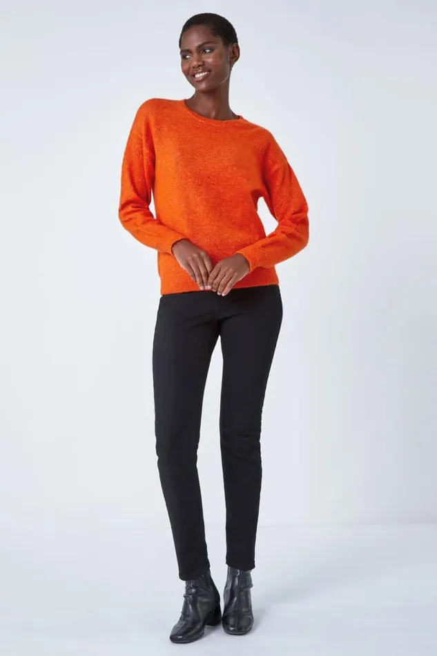 Orange Crew Neck Stretch Jumper Women Roman Knitwear