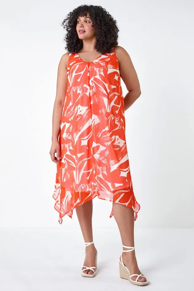 Orange Curve Abstract Print Chiffon Dress Women Roman Dresses