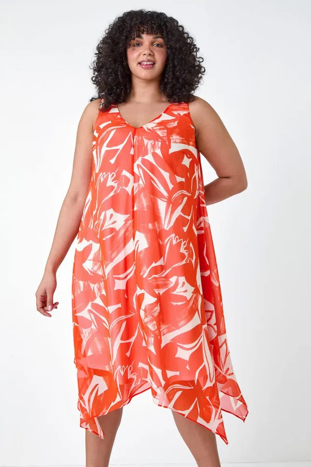 Orange Curve Abstract Print Chiffon Dress Women Roman Dresses