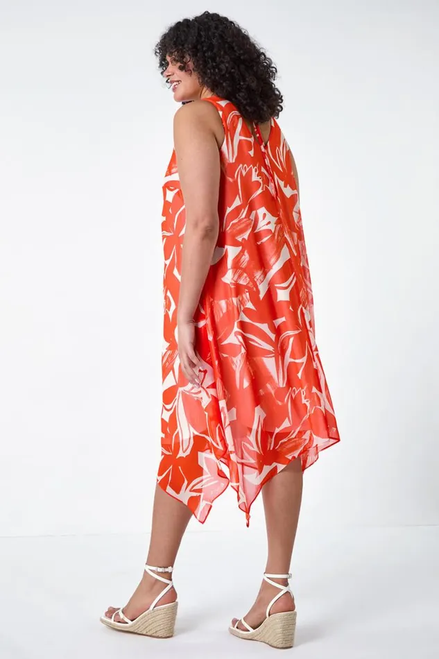 Orange Curve Abstract Print Chiffon Dress Women Roman Dresses