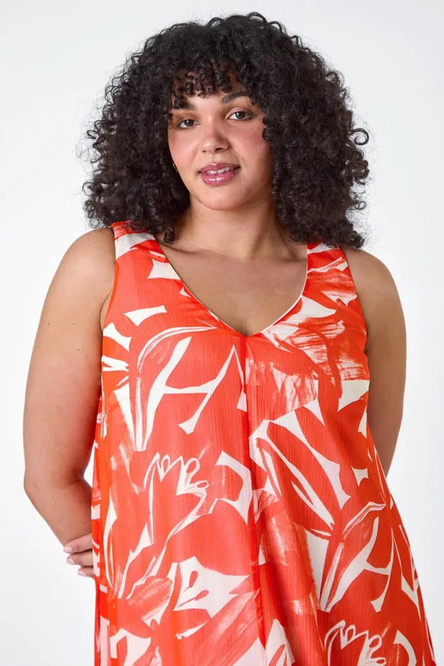 Orange Curve Abstract Print Chiffon Dress Women Roman Dresses