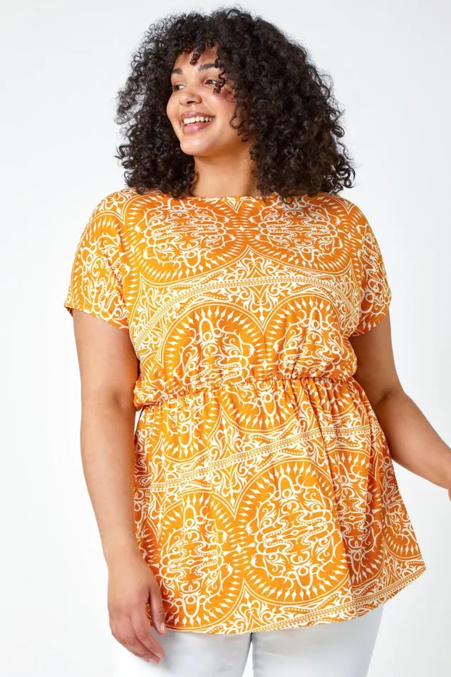 Orange Curve Aztec Print Stretch Top Women Roman Tops