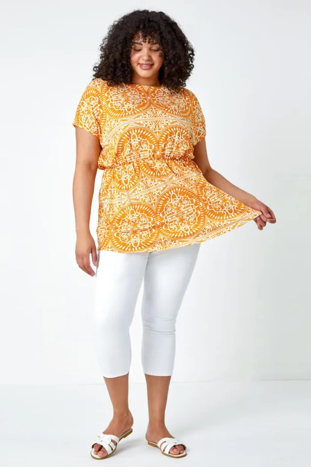 Orange Curve Aztec Print Stretch Top Women Roman Tops