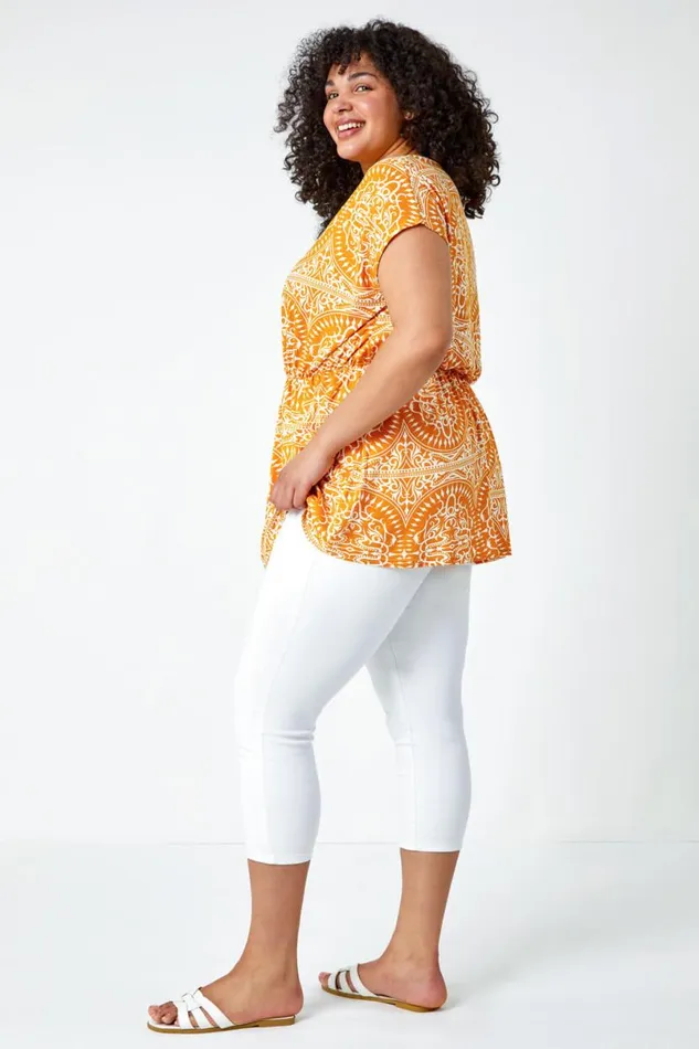 Orange Curve Aztec Print Stretch Top Women Roman Tops