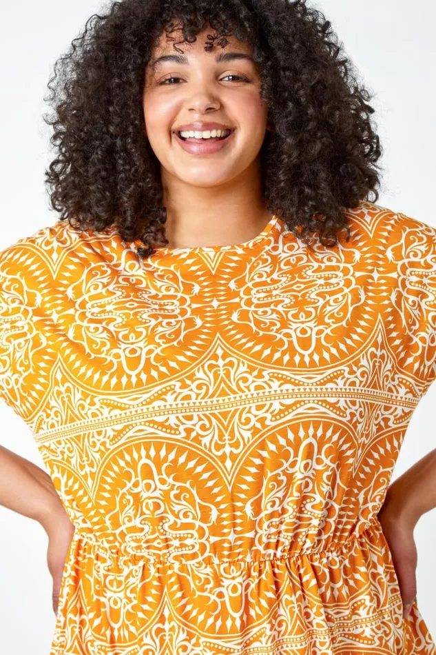 Orange Curve Aztec Print Stretch Top Women Roman Tops