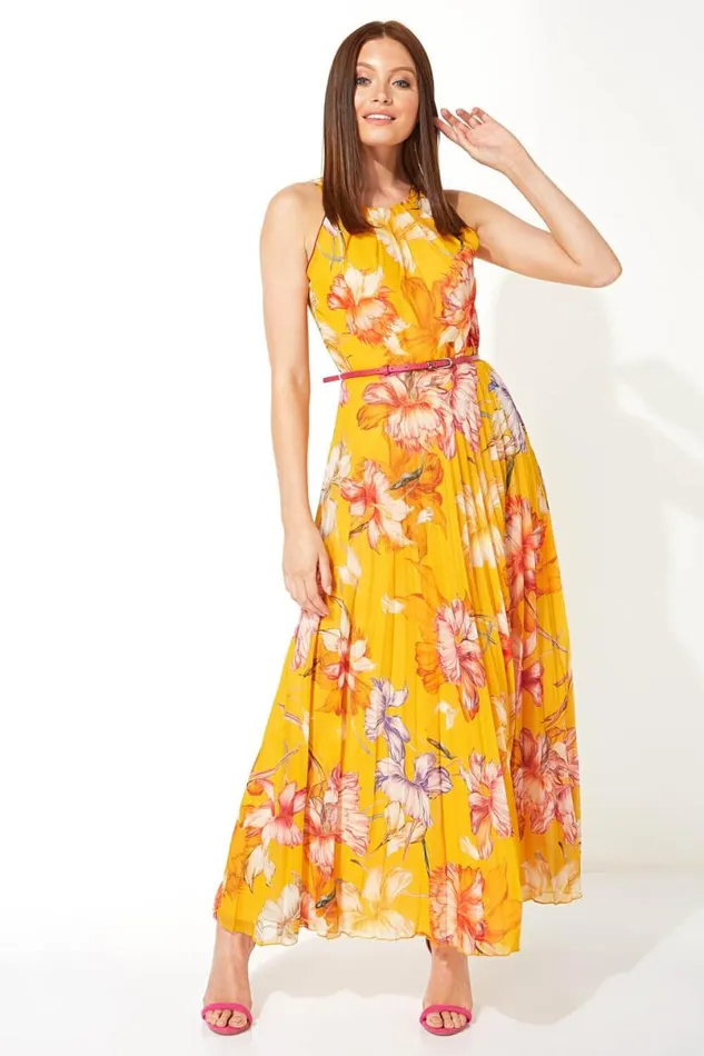 Orange Floral Halter Neck Pleated Maxi Dress Women Roman Dresses