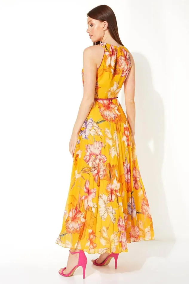 Orange Floral Halter Neck Pleated Maxi Dress Women Roman Dresses