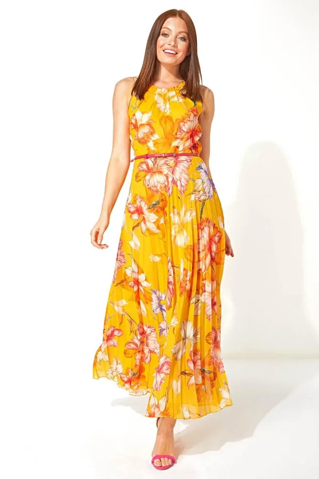 Orange Floral Halter Neck Pleated Maxi Dress Women Roman Dresses