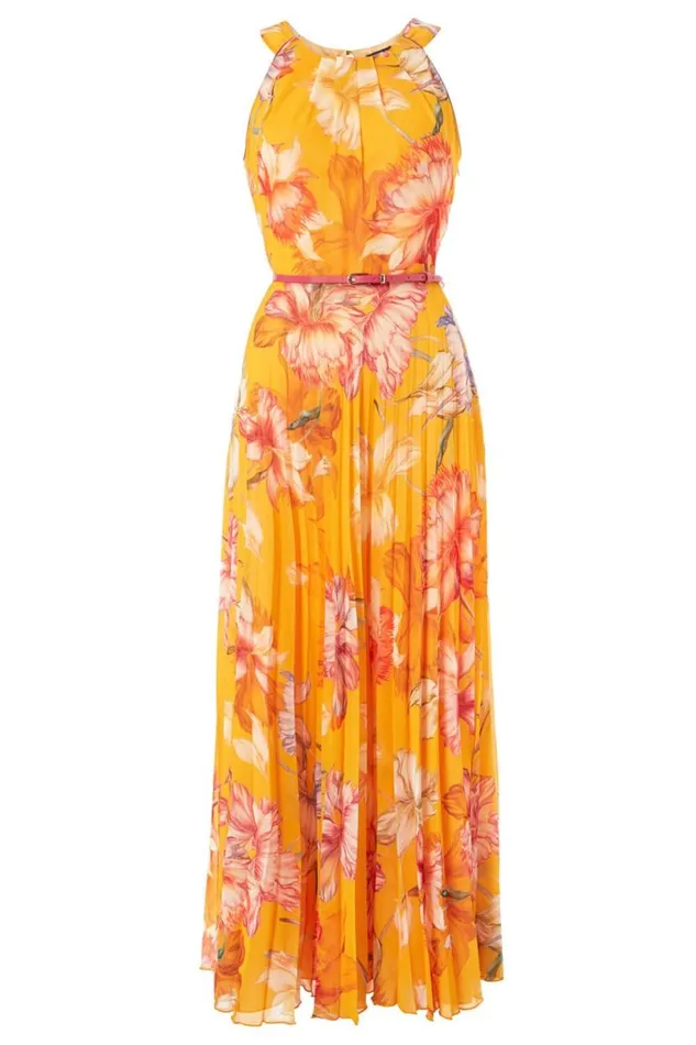 Orange Floral Halter Neck Pleated Maxi Dress Women Roman Dresses