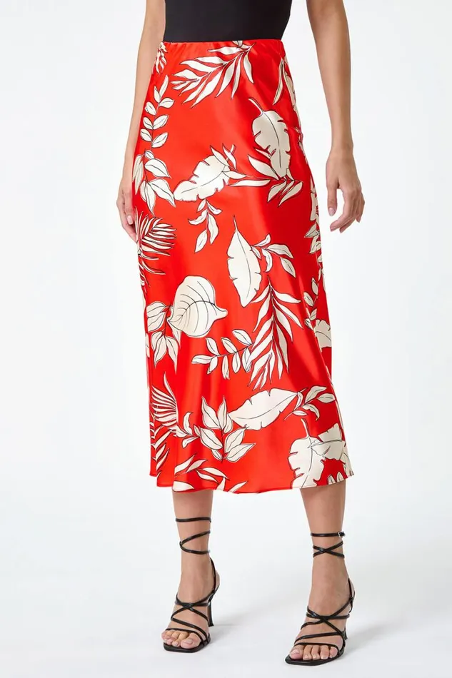 Orange Floral Print Satin Midi Skirt Women Roman Dresses