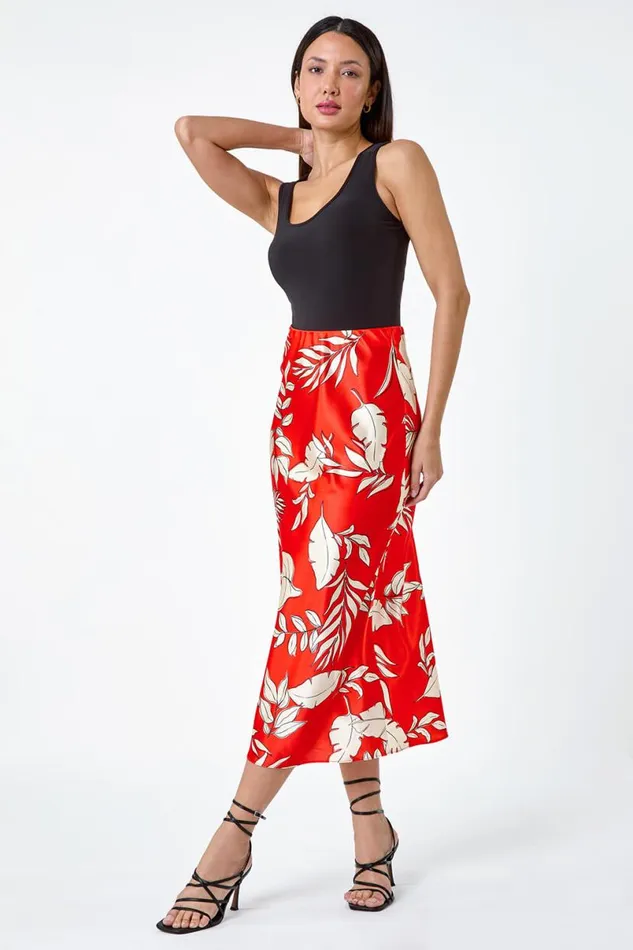 Orange Floral Print Satin Midi Skirt Women Roman Dresses