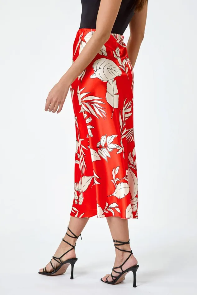 Orange Floral Print Satin Midi Skirt Women Roman Dresses