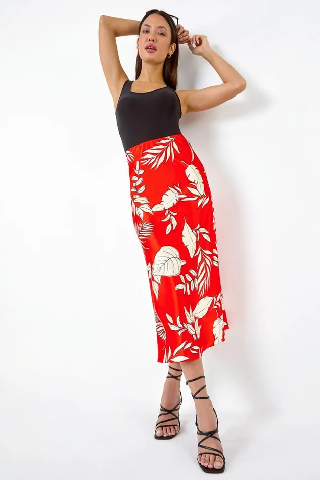Orange Floral Print Satin Midi Skirt Women Roman Dresses