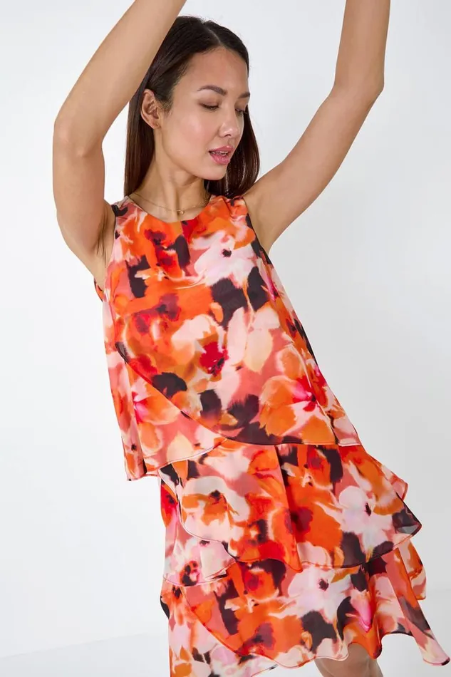 Orange Floral Print Tiered Layer Dress Women Roman Dresses