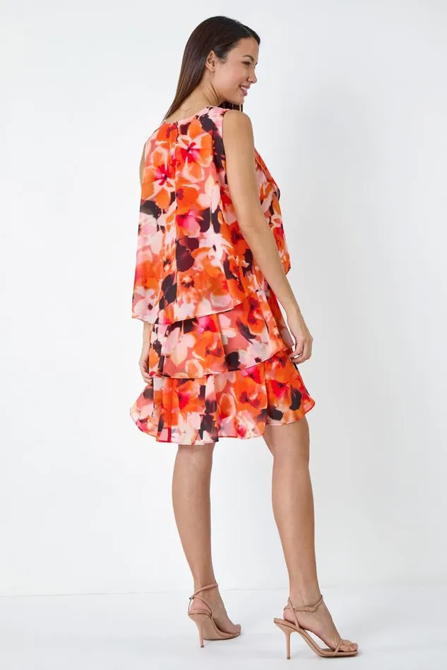 Orange Floral Print Tiered Layer Dress Women Roman Dresses