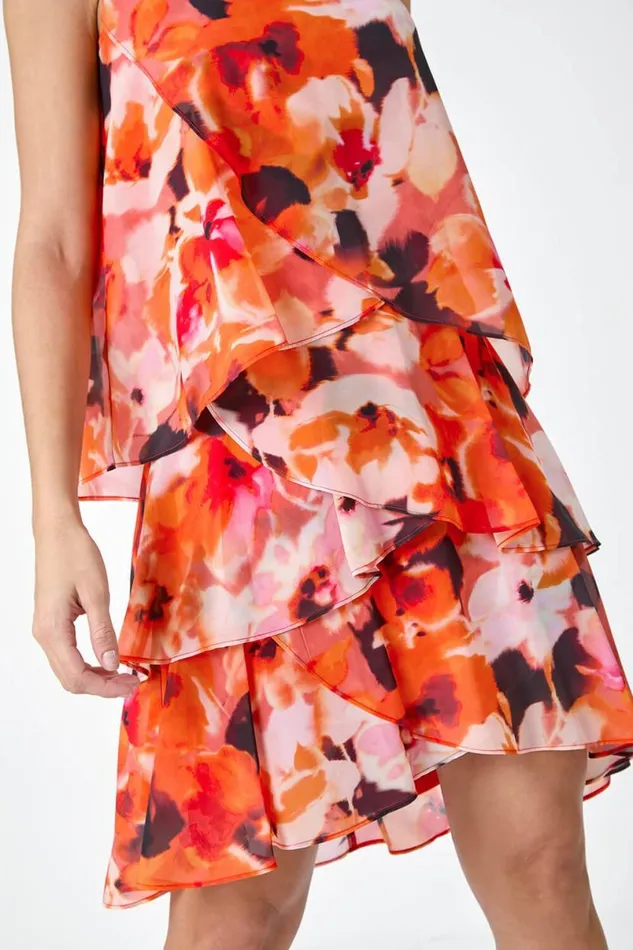 Orange Floral Print Tiered Layer Dress Women Roman Dresses