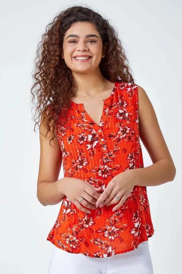 Orange Floral Shimmer Stripe Sleeveless Top Women Roman Tops