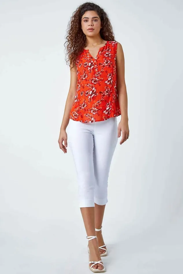 Orange Floral Shimmer Stripe Sleeveless Top Women Roman Tops