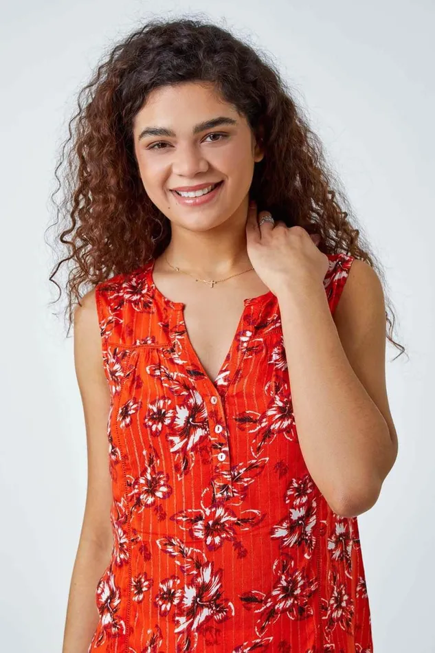 Orange Floral Shimmer Stripe Sleeveless Top Women Roman Tops