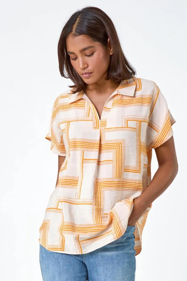 Orange Geometric Print Collar Top Women Roman Tops