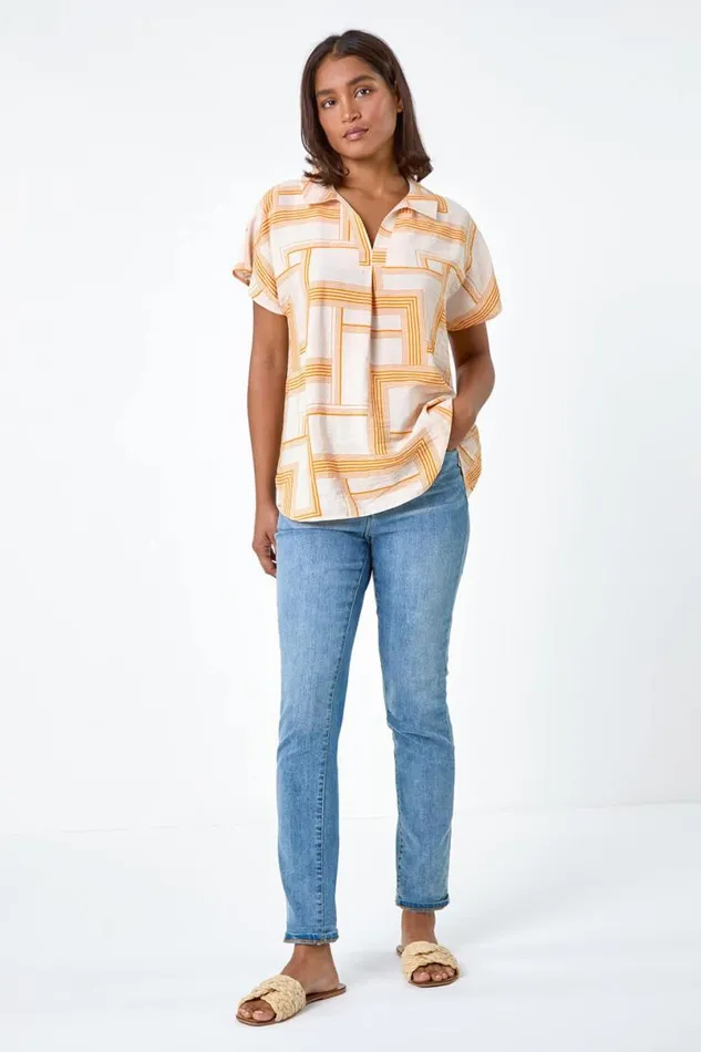 Orange Geometric Print Collar Top Women Roman Tops