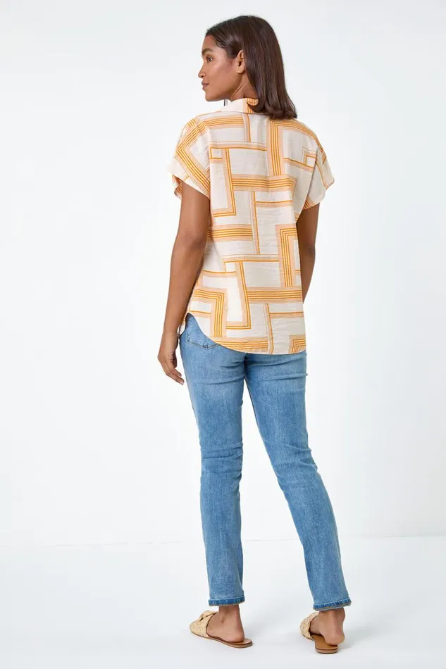Orange Geometric Print Collar Top Women Roman Tops