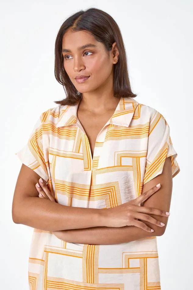 Orange Geometric Print Collar Top Women Roman Tops