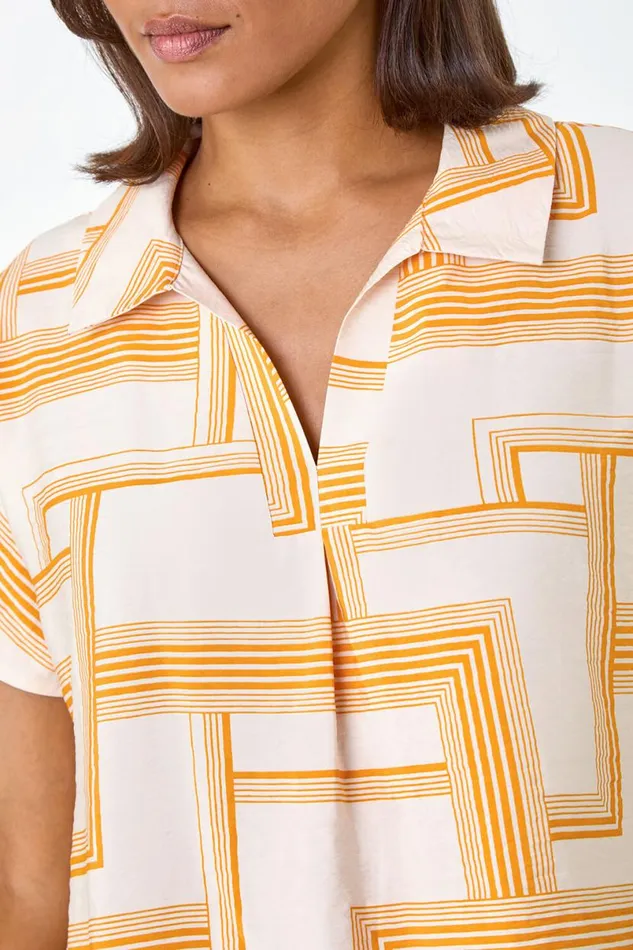 Orange Geometric Print Collar Top Women Roman Tops