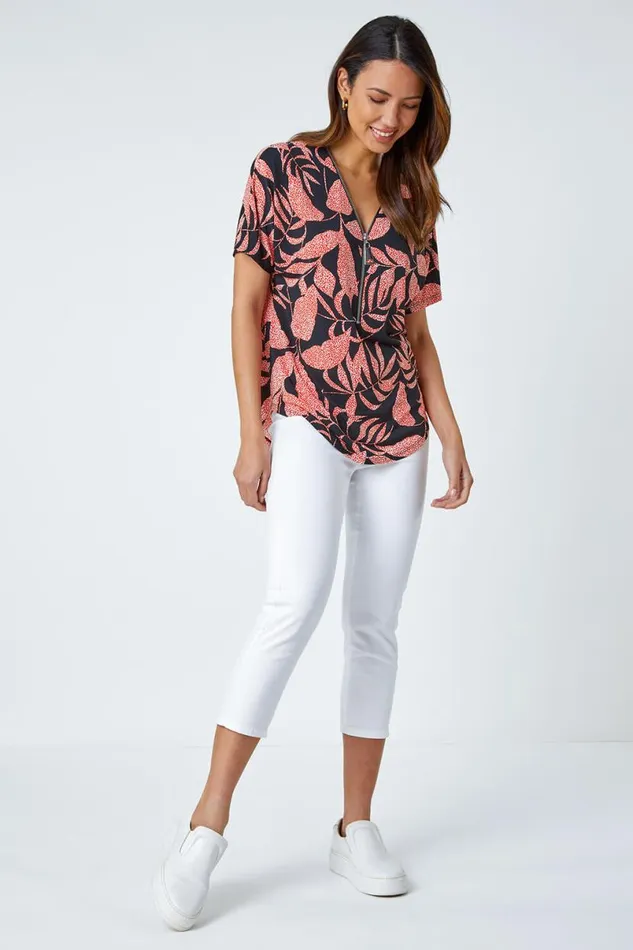 Orange Leaf Print Zip Detail VNeck Stretch Top Women Roman Tops