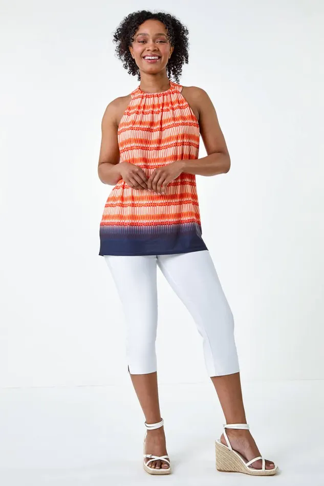 Orange Petite Ombre Print Tie Halterneck Top Women Roman Tops