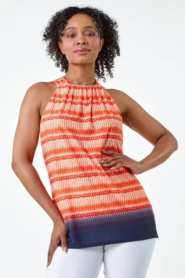 Orange Petite Ombre Print Tie Halterneck Top Women Roman Tops