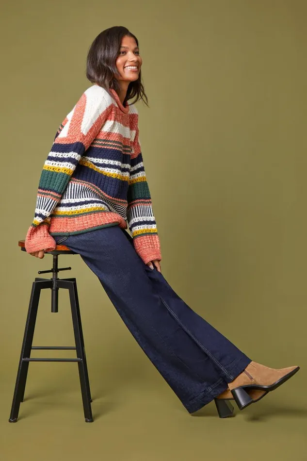 Orange Stripe Print Knit Jumper Women Roman Knitwear