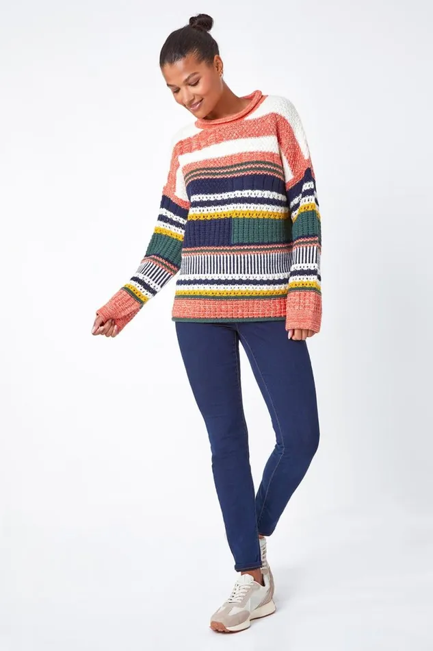 Orange Stripe Print Knit Jumper Women Roman Knitwear
