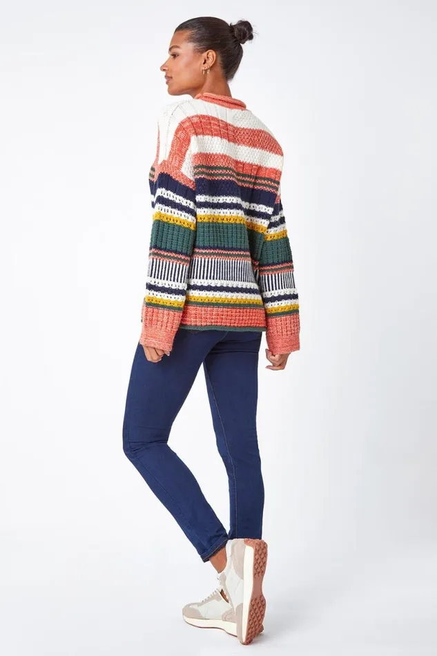 Orange Stripe Print Knit Jumper Women Roman Knitwear