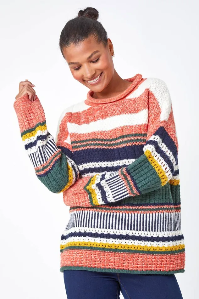 Orange Stripe Print Knit Jumper Women Roman Knitwear