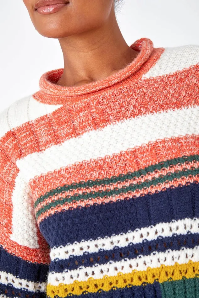 Orange Stripe Print Knit Jumper Women Roman Knitwear