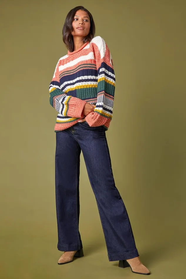 Orange Stripe Print Knit Jumper Women Roman Knitwear