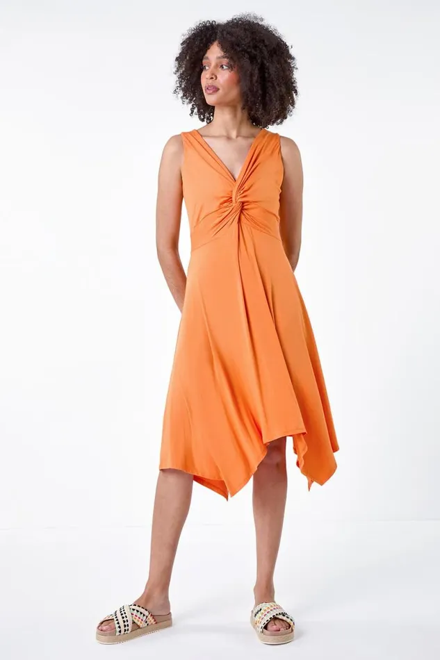 Orange Twist Front Hanky Hem Stretch Dress Women Roman Dresses